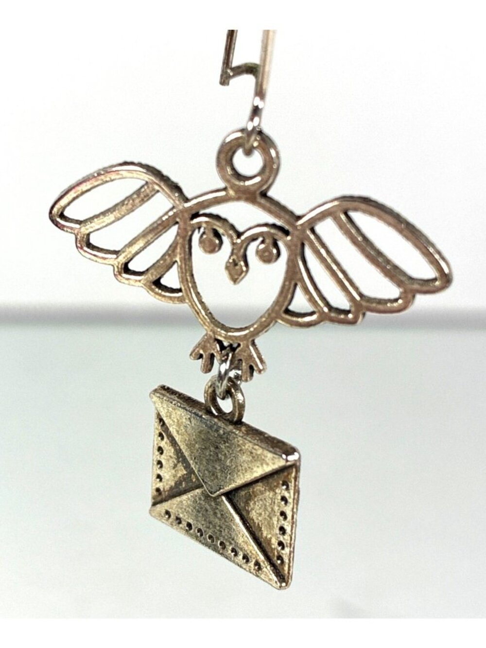 Owl & Letter Dangle Earrings Silver Tone Pierced Wire Whimsical Bookish Jewelry - Picture 2 of 6